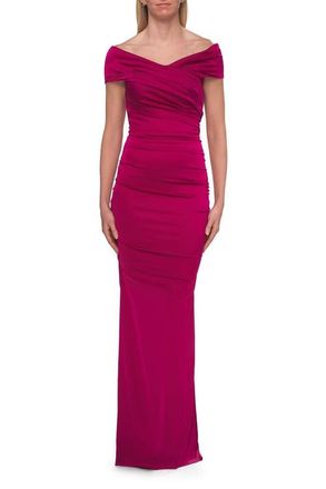 La Femme Off-the-Shoulder Ruched Satin Evening Gown in Raspberry at Nordstrom, Size 16