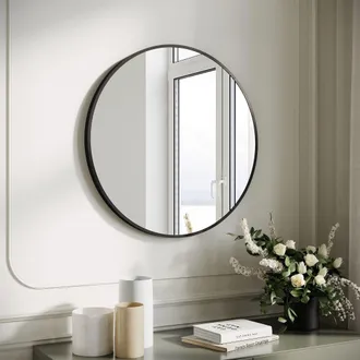Sonni Sonni - Espejo Redondo Simple Para Ba&ntilde;o Dise&ntilde;o De Marco De Aluminio Negro De Alta Calidad Espejo Redondo Brillante 50x50cm