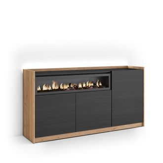 Skraut Home Aparador efecto madera negro y roble 156x37x80cm chimenea efecto fuego