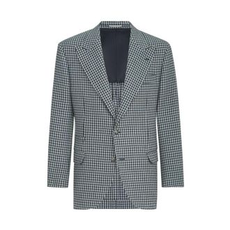Brunello Cucinelli Cashmere Macro Houndstooth Tailor Blazer - Heren - Jassen - Blauw - Maat: M Kasjmier