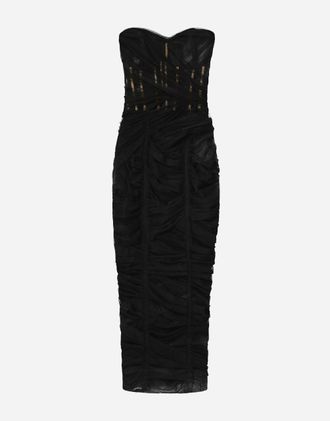 Dolce & Gabbana Tulle Calf-length Corset Dress With Draping - Woman Dresses Black Tulle 36