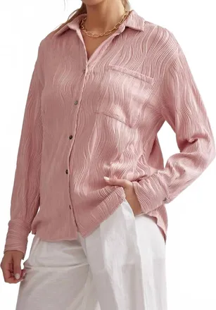 Entro Wave Textured Long Sleeve Button Up Blouse In Blush Pink