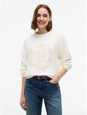 Tommy Hilfiger Womens Intarsia Laurel Leaf Logo Sweater - Cream - XXL