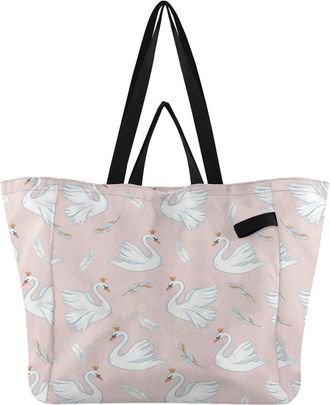 Generic Elegant Swans Feathers Pink pattern Reusable Canvas Tote Bag, Heavy Duty Grocery Shopping Bag with Large Capacity Double Handles Hard Bottom Work Groc