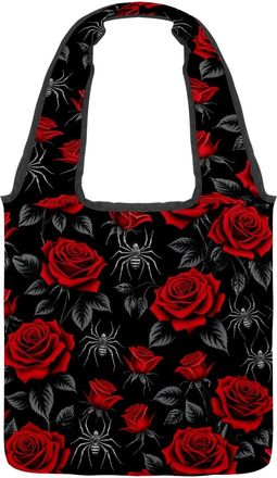 Generic Spider Roses Reversible Canvas Shoulder Tote - Double-Sided Print, 12oz Cotton, 27cm Drop, Fold-Flat Bag for Travel, Shopping, Street Outings