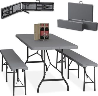 Relaxdays Relaxdays Conjunto Jard&iacute;n Plegable, 3 Piezas, Mesa De Exterior, 2 Bancos De Patio, Camping O Recepci&oacute;n, 180 Cm, Gris