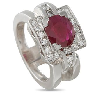 Luxury Bazaar 18K White Gold 0.48ct Diamond and Ruby Square Halo Cocktail Ring MF04-062926