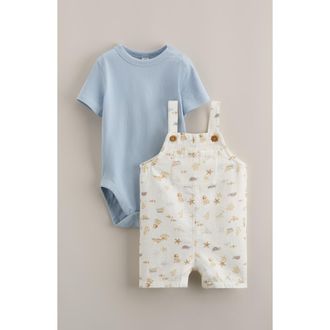 Nordstrom Cotton Bodysuit & Shortalls Set in Ivory Marine Animals- Blue at Nordstrom, Size 24M