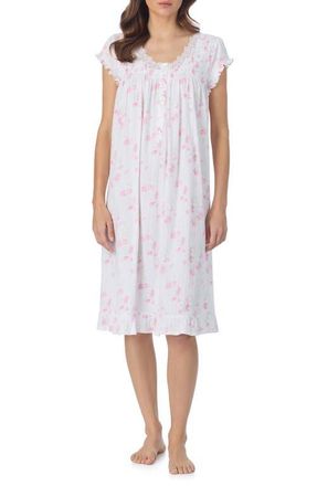 Eileen West Floral Print Cap Sleeve Cotton Waltz Nightgown in White/pink at Nordstrom, Size Small