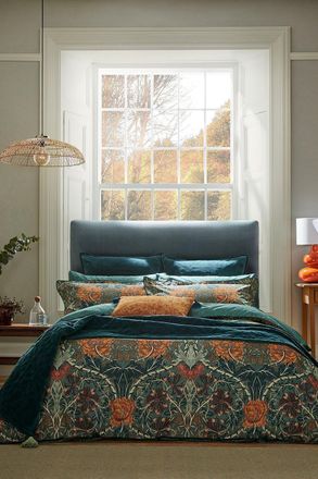 Morris & Co. Honeysuckle & Tulip Cotton Duvet Cover Set in Teal | Size: Super King