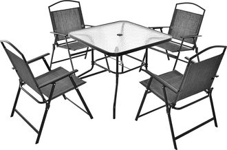 Costway Conjunto Mesa Y Sillas Jardin, 1 Mesa On Tapa De Cristal Templado, 4 Sillas Plegables, Orificio Para Sombrilla, Juego De Comedor 5 Piezas Jardin Patio