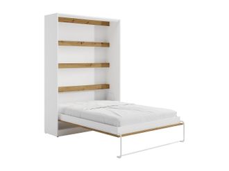 Vente-Unique Cama abatible 140 x 200 cm - Apertura vertical manual - Con LEDs - blanco y natural - RAPILI