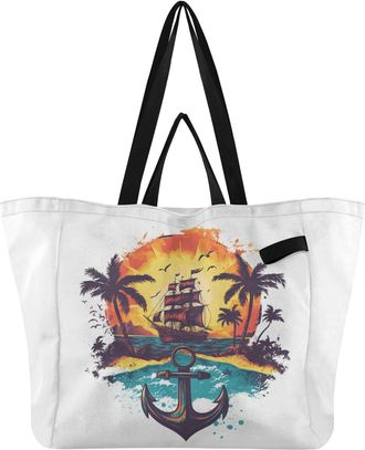 Generic Ship Palms Orange print Reusable Canvas Tote Bag, Heavy Duty Grocery Shopping Bag with Double Handles Hard Bottom Large Capacity Work Groceries Travel