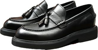 Generic Mens Round Toe Vintage Distressed Oxfords Chunky Heel Platform Loafers Slip on Formal Shoes with Tassel,Black,5.5 UK