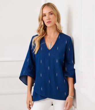 Karen Kane Bracelet Sleeve Embellished Asymmetric Top In Denim