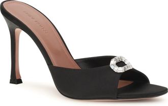 Amina Muaddi Womens Camelia Mule Sandals Black Satin+white Crystal Buckle Silk Pumps High Heel Shoes
