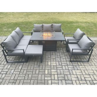 Fimous Fimous Aluminium Outdoor Garden Furniture Set Patio Lounge Sofa Gas Fire Pit Dining Table Set with Big Footstool Dark Grey