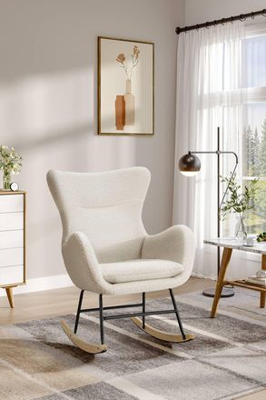 Living and Home Comfy Netural Boucl&eacute; Upholstered Rocking Accent Chair with High Backrest and Armrests in White