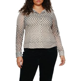 Sanctuary Femme Mixed Print Mesh Button-Up Shirt in Frost White at Nordstrom, Size 3X