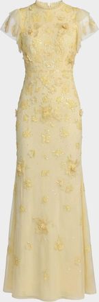 Mac Duggal Flutter-Sleeve Beaded Applique Gown