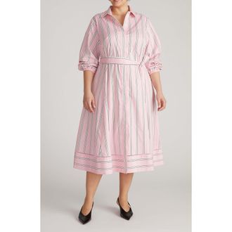 Universal Standard Yuli Long Sleeve Stretch Poplin Midi Dress in Pink Horizon Stripe at Nordstrom, Size Xx-Large