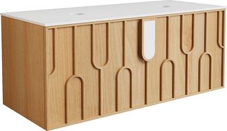 Vente-Unique Mueble de ba&ntilde;o suspendido texturizado con encimera de piedra sinterizada mate - Natural claro - An. 120 cm - MERKAN