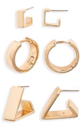 Open Edit 3 Pairs of Geometric Earrings in Gold at Nordstrom Rack