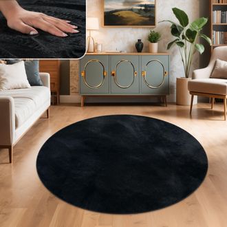 Paco Home Paco Home - Alfombra Para Sal&oacute;n En Falsa Piel Peluche Pelo Largo Suave Disponible En Varios Colores Negro, &Oslash; 200 Cm Redon