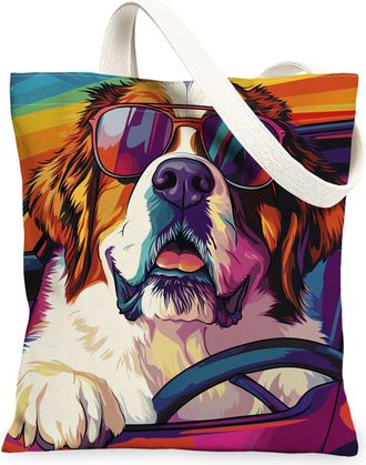 Generic St. Bernard Dog Canvas Tote Bag for Shopping 13x15, Pop Aesthetic Funky Puppy Reusable Grocery Print Pattern Bag for Women, Cool Pet Beach Aesthetic P