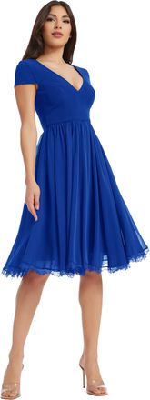 Dress The Population Womens Cap Sleeve Plunge Neck Fit and Flare Knee Length Dress, Electric Blue, Small