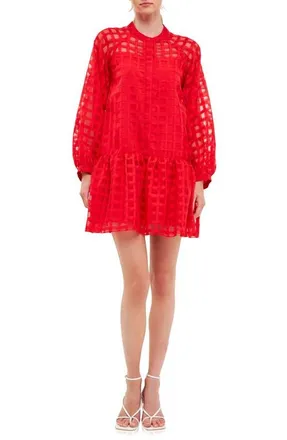 English Factory Check Long Sleeve Organza Dress in Red at Nordstrom, Size Medium