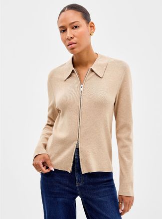 Contemporaine Womens Polo Shirt-collar mini-rib zip-up cardigan