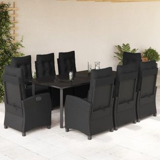 vidaXL Set De Comedor De Jard&iacute;n 9 Pzas Y Cojines Rat&aacute;n Sint&eacute;tico Negro Vidaxl