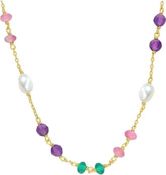 Rina Limor Silver 4.65 Ct. Tw. Amethyst, Green Onyx And Pink Tourmaline & 4-5.5 Mm Pearl Bead Station Necklace