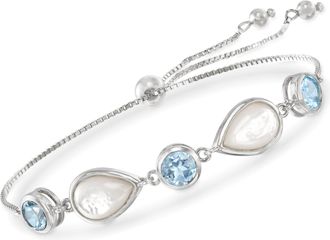 Ross-Simons Mother-Of-Pearl and Blue Topaz Bolo Bracelet in Sterling Silver
