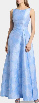 Kay Unger Caitlin Pleated Floral Jacquard Gown In Spring Blue