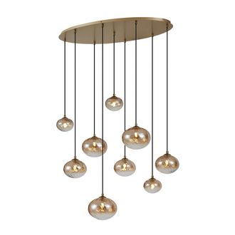 QAZQA Art D&eacute;co L&aacute;mpara Colgante Art Deco Dorada Con Cristal &Aacute;mbar 9 Luces - Jia Acero /vidrio Ovalada /esfera Adecuado Para Led Max. 9 X 8 Watt - Qazqa