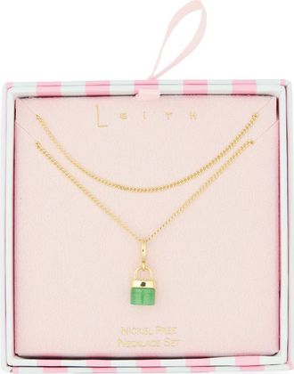Leith Set of 2 Stone Lock Pendant Necklaces in Green- Gold at Nordstrom Rack