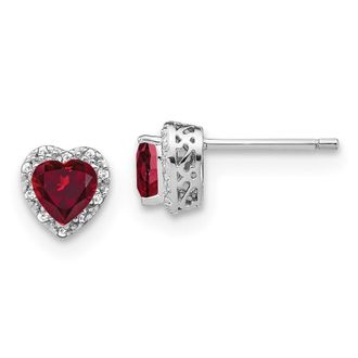 Diamond2Deal 14k White Gold 1/10 Ct Lab Grown Diamond and Created Ruby Heart Halo Stud Earrings