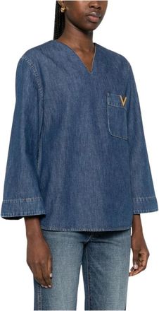Valentino Garavani V-hals Top met Zak - Dames - Blouses - Blauw - XS - Katoen - Overhemden