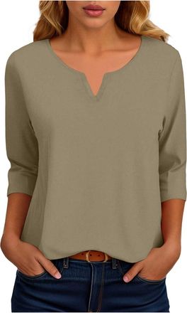 Generic Womens Basic Tees 3/4 Sleeve Round Neck Blouses Loose Fit Pullover Round Neck Casual T Shirts Cute Tunic Tops Long Sleeve TShirts Solid Color Comfy Lo