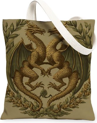 Generic Dragon Canvas Tote Bags, Mythical Creature Design Reusable Grocery Bags, Autumn Vintage Linen Lightweight Washable Shoulder, Beige, 13x15 Inch