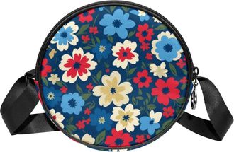 Generic Circle Crossbody Bag for Women, Art Flower Small Sling Bag Daypack with Zipper Adjustable Shoulder Straps Casual Ladies Girls Round Purse