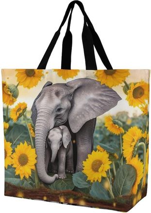 Generic Elephant Sunflowers Shopper Bag Durable Grocery Bag Foldable Grocery Bags For Travel Daily Use College