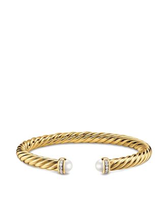 David Yurman 18K yellow gold Cablespira Flex pearl and diamond bracelet - women - 18kt Yellow Gold/Freshwater Pearl/Diamond - S