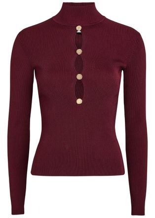 Self Portrait Keyhole Ribbed Stretch-knit top - Burgundy - S (UK8-10 / S)