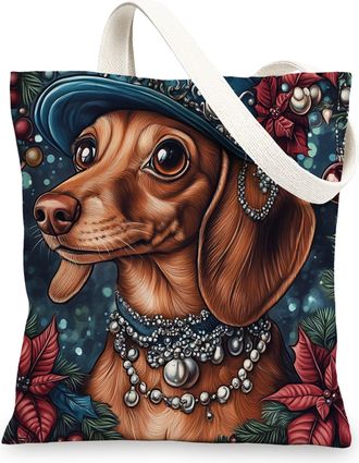 Generic Vintage Christmas Dachshund Dog Canvas Tote Bag for Shopping 13x15, Retro Xmas Puppy Reusable Grocery Print Pattern Bag for Women, Pet Beach Aesthetic