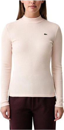 Lacoste Geribbelde top met opstaande kraag en lange mouwen - Dames - Truien - Beige - Maat: XL Katoen