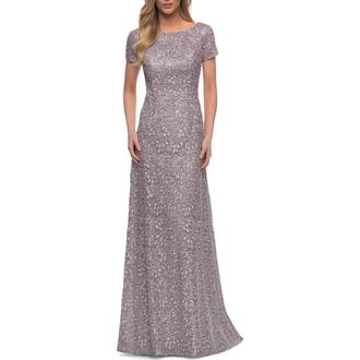 La Femme Embroidered Lace Long Gown with Short Sleeves in Dark Mauve at Nordstrom, Size 20