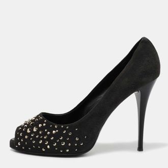 Giuseppe Zanotti Grey Suede Embellished Peep Toe Pumps